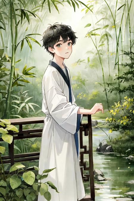 04725-4039791175-13 year old  BOY_,white shirt,beauty,  (trees_0.5), (flowers_0.6) ,(birds_0.2), (bamboo0.1), lakes, Hangzhou,looking at viewer,.png